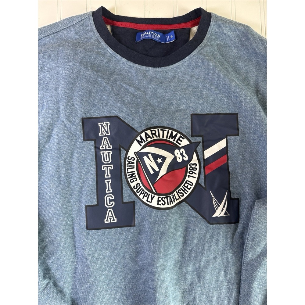 New Mens Nautica Blue Sail Logo Print Blue French‎ Terry Sweatshirt Pullover L - Picture 2 of 6